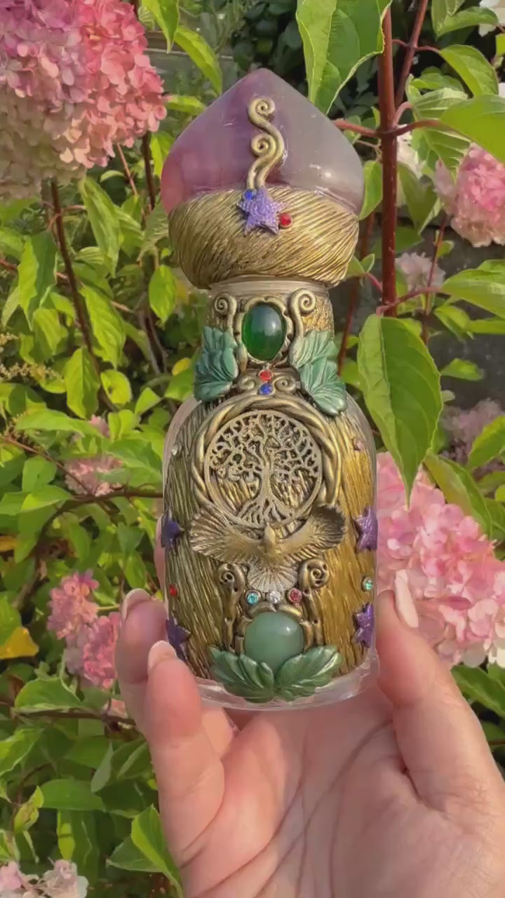 Glass Bottle with Fluorite Stopper Embellished with Clay and Aventurine Cabochons