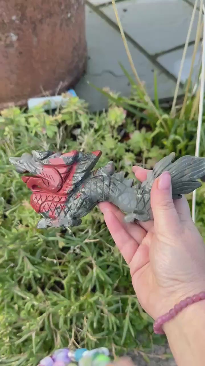African Bloodstone Chinese Dragon Carving