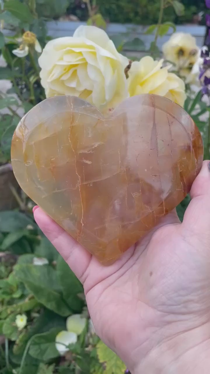Large Golden Healer Quartz Heart Carving with Stand