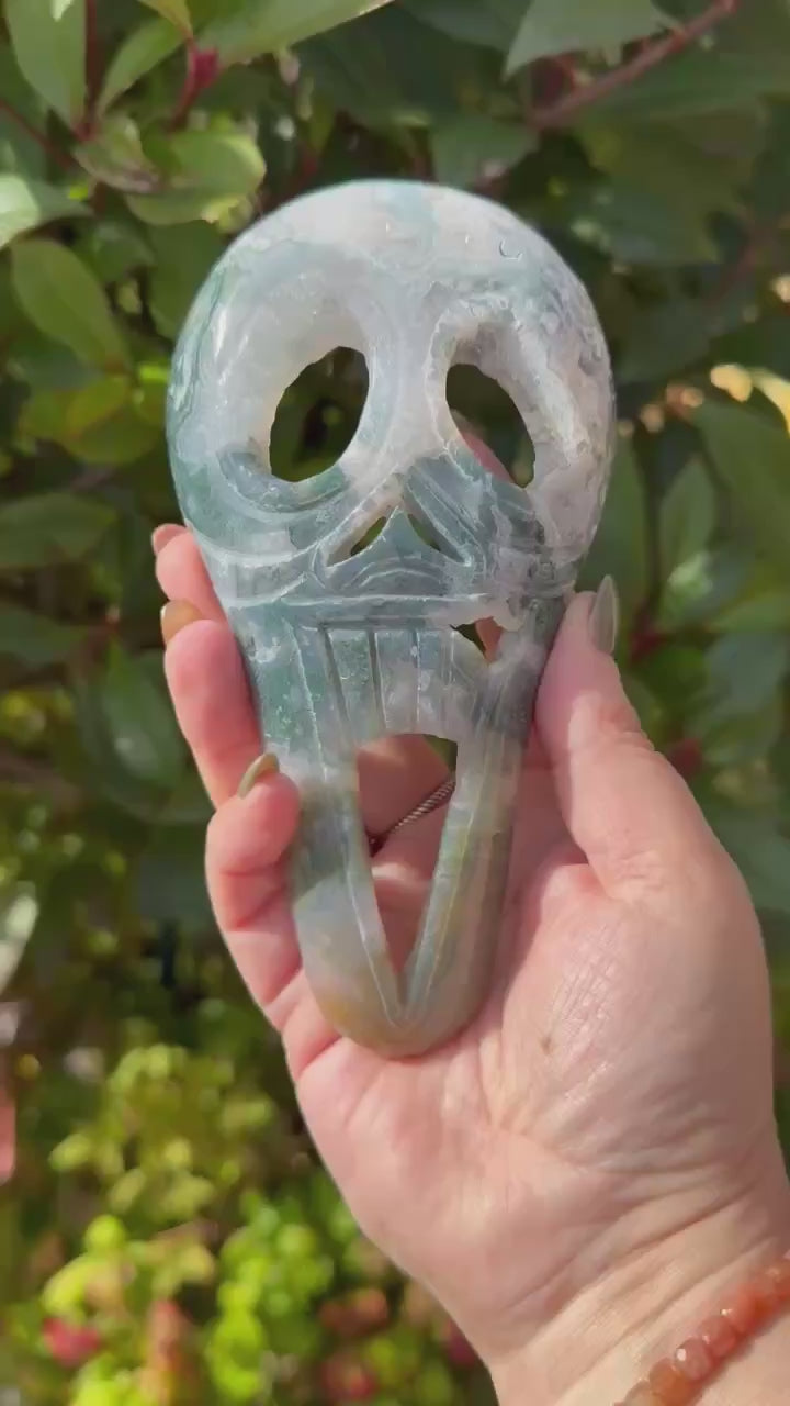 Moss Agate Scream Mask Carving