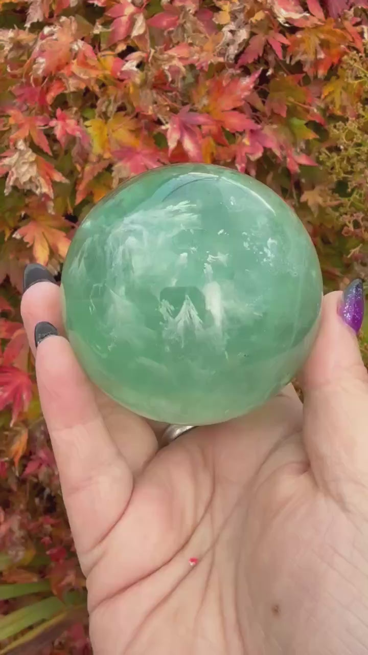 Green Fluorite with Feathers Sphere 6.5cm Diameter