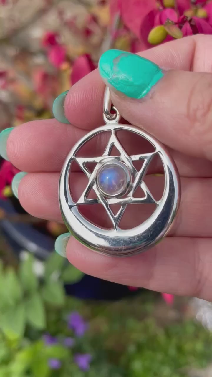925 Sterling Silver 6 Point Star Moon Crescent Pendant with Moonstone