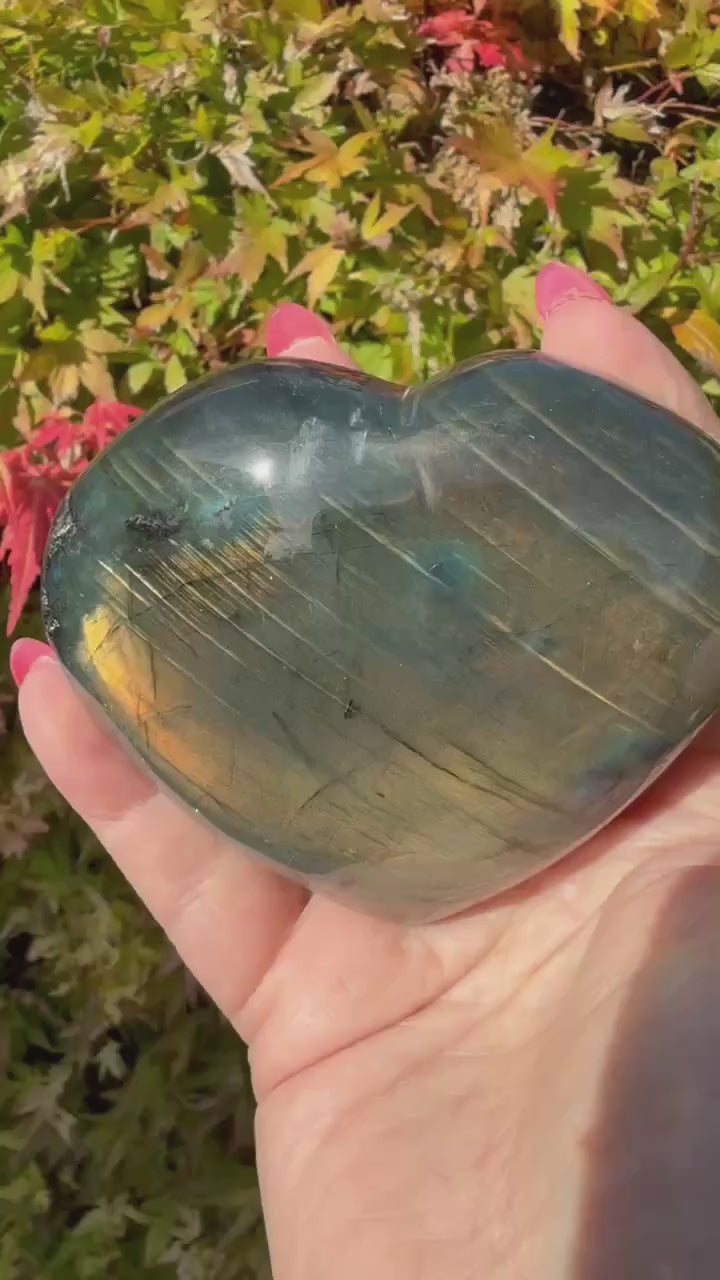 Gold Flash Labradorite Heart Carving with Stand
