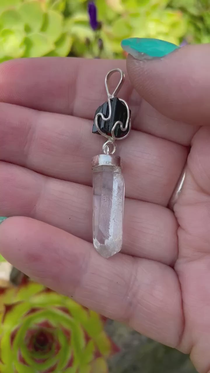 Silver Black Tourmaline and Quartz Pendant