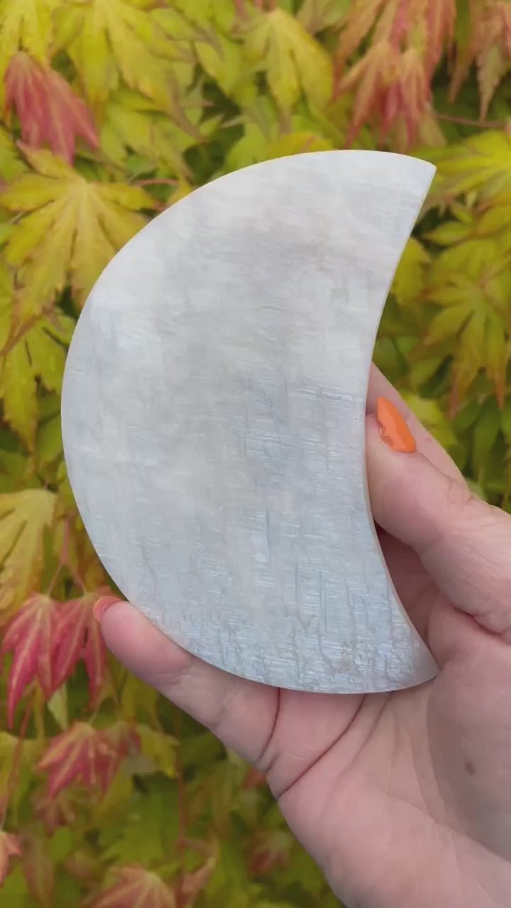 Blue Flash Moonstone Moon Carving and Stand