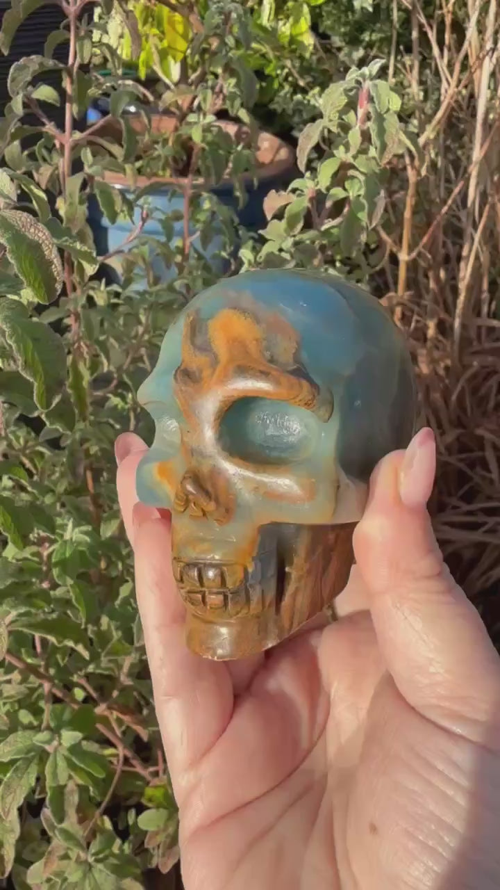 Blue Onyx Aquatine Lemurian Skull Carving