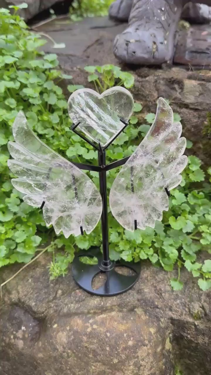 Quartz Angel Wings and Heart Carving on Stand