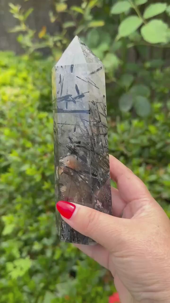 High Quality Black Rutile Quartz Tower Carving