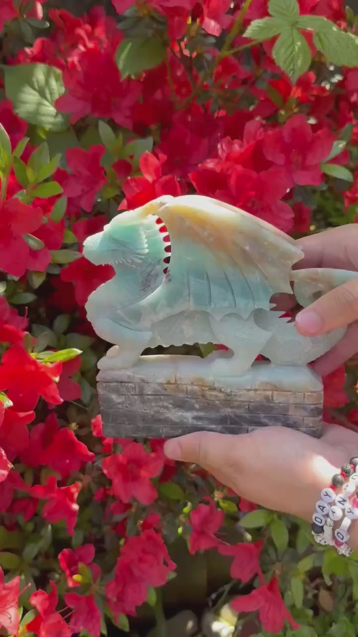Blue Calcite and Tourmaline Dragon Carving