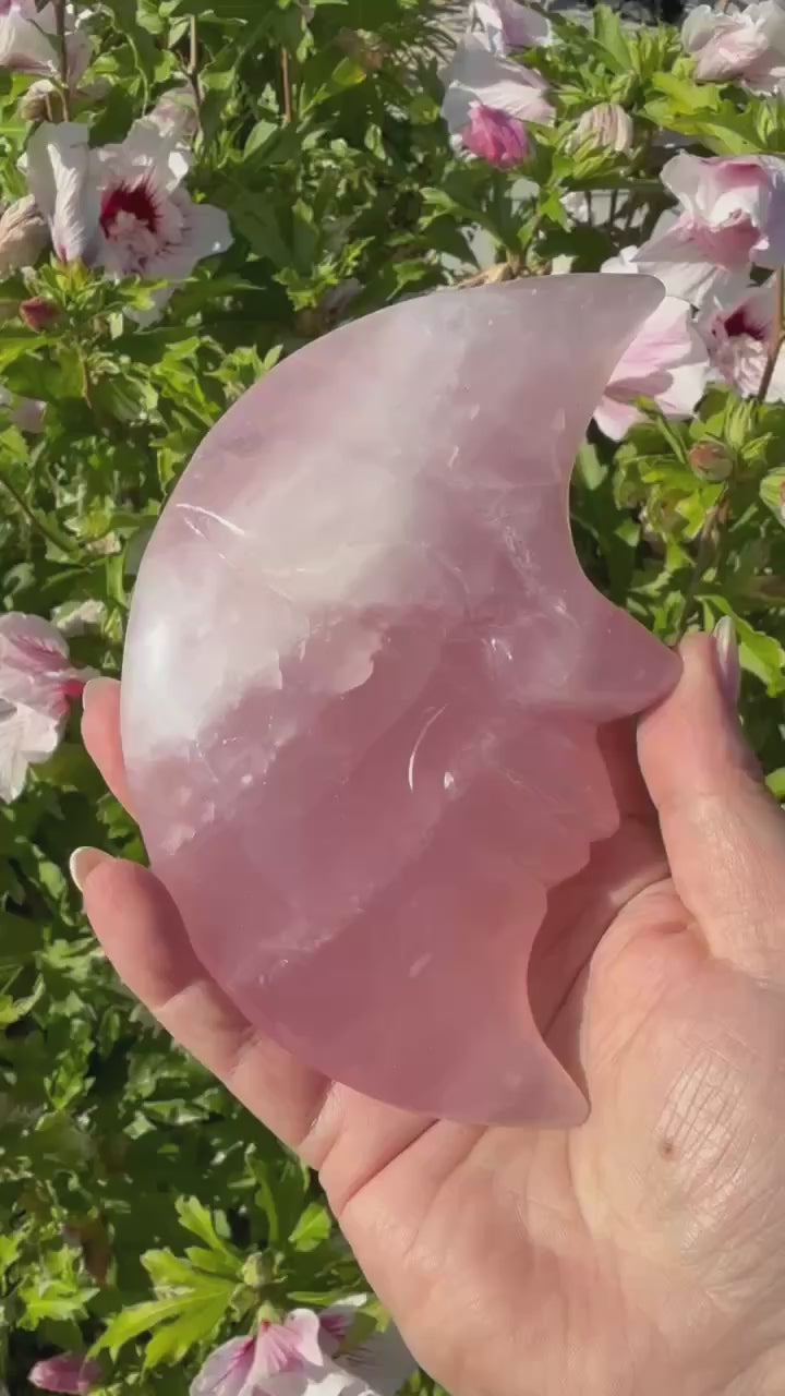 Rose Quartz Moon Carving with Face and Stand