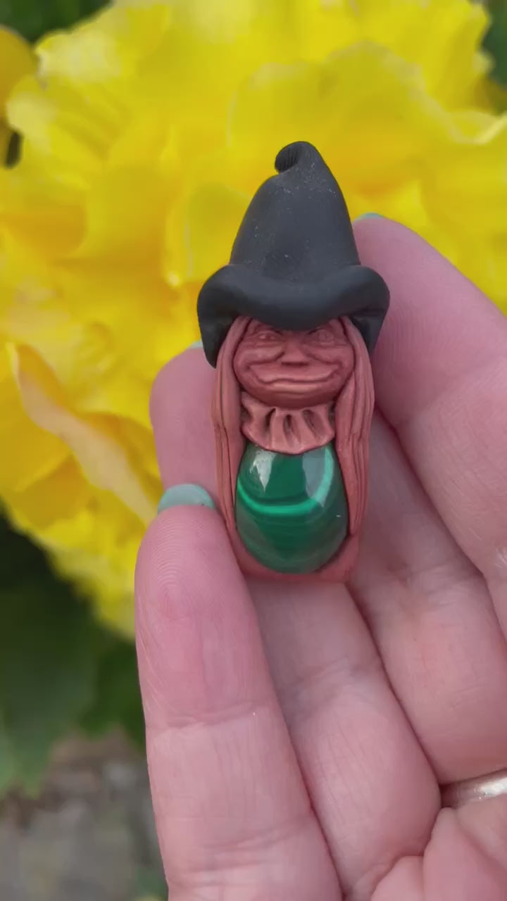 Clay Witch Rune Pendant with Malachite