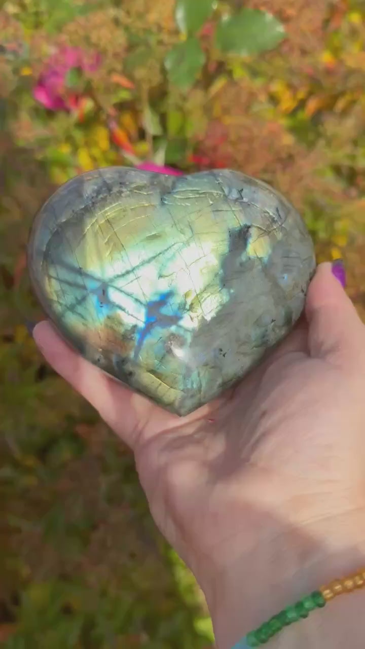 Large Blue Flash Labradorite Heart with Stand Carving
