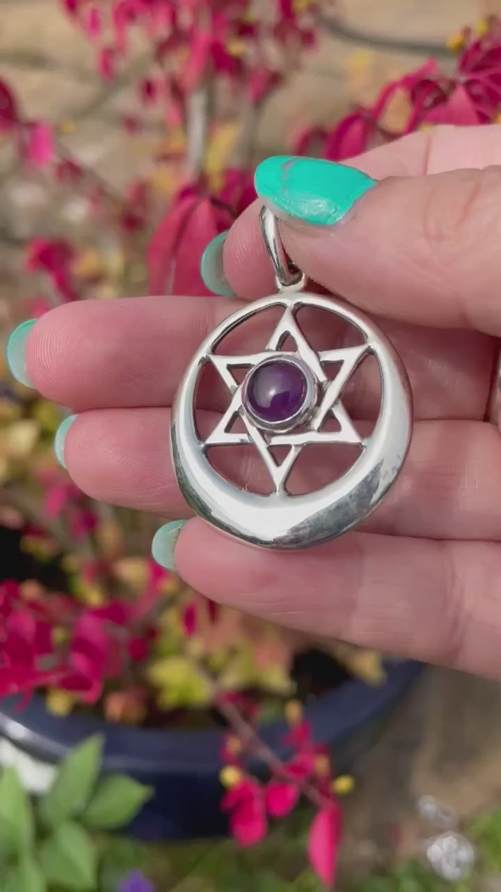 925 Sterling Silver 6 Point Star Moon Crescent Pendant with Amethyst