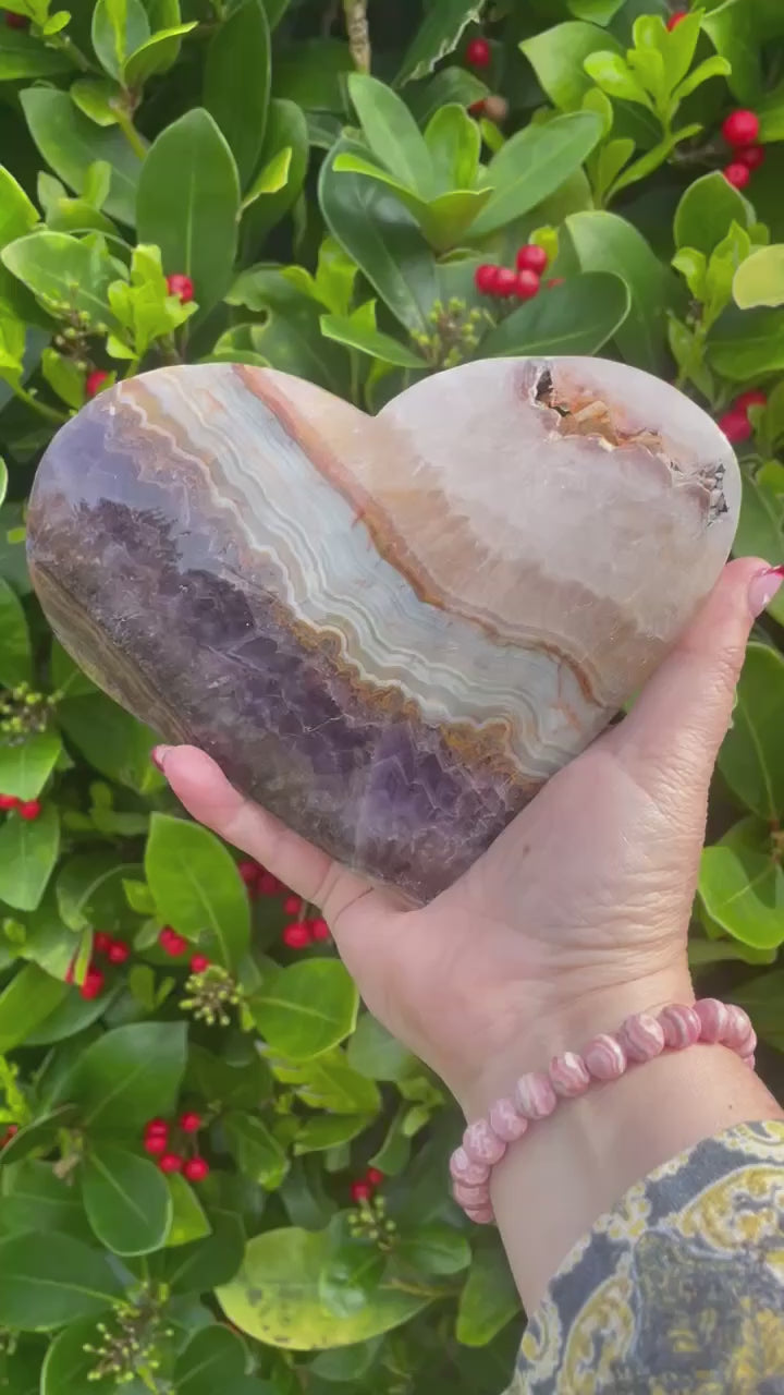 Amethyst and Crazy Lace Agate Heart with Stand