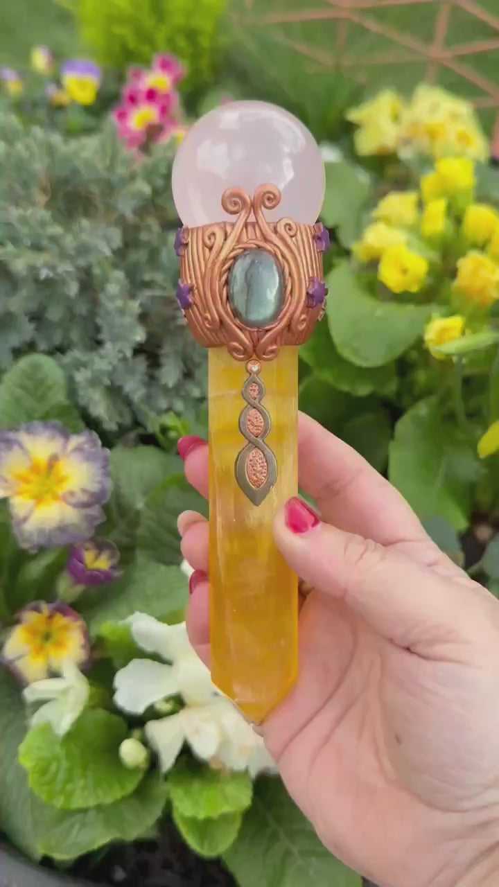 Yellow Fluorite, Rose Quartz Sphere and Labradorite Cab Wand