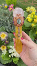 Load and play video in Gallery viewer, Yellow Fluorite, Rose Quartz Sphere and Labradorite Cab Wand
