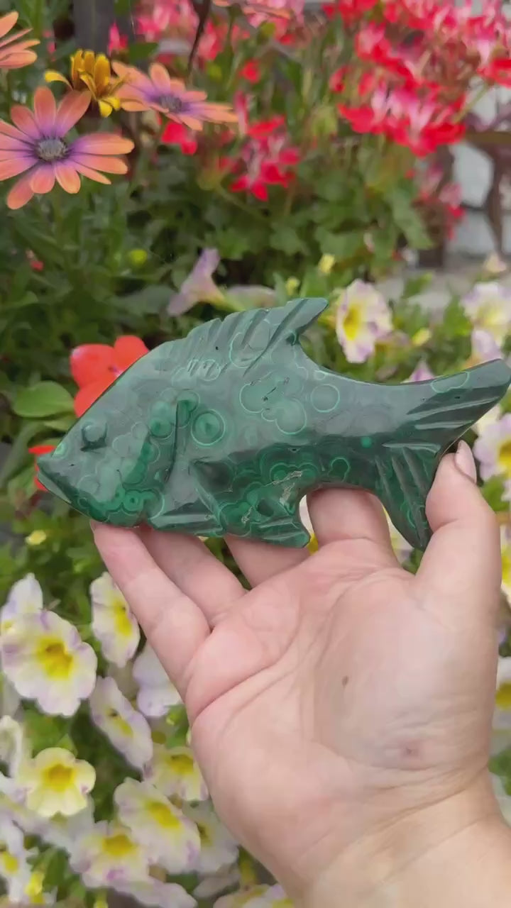 Large Freestanding Malachite Fish Carving