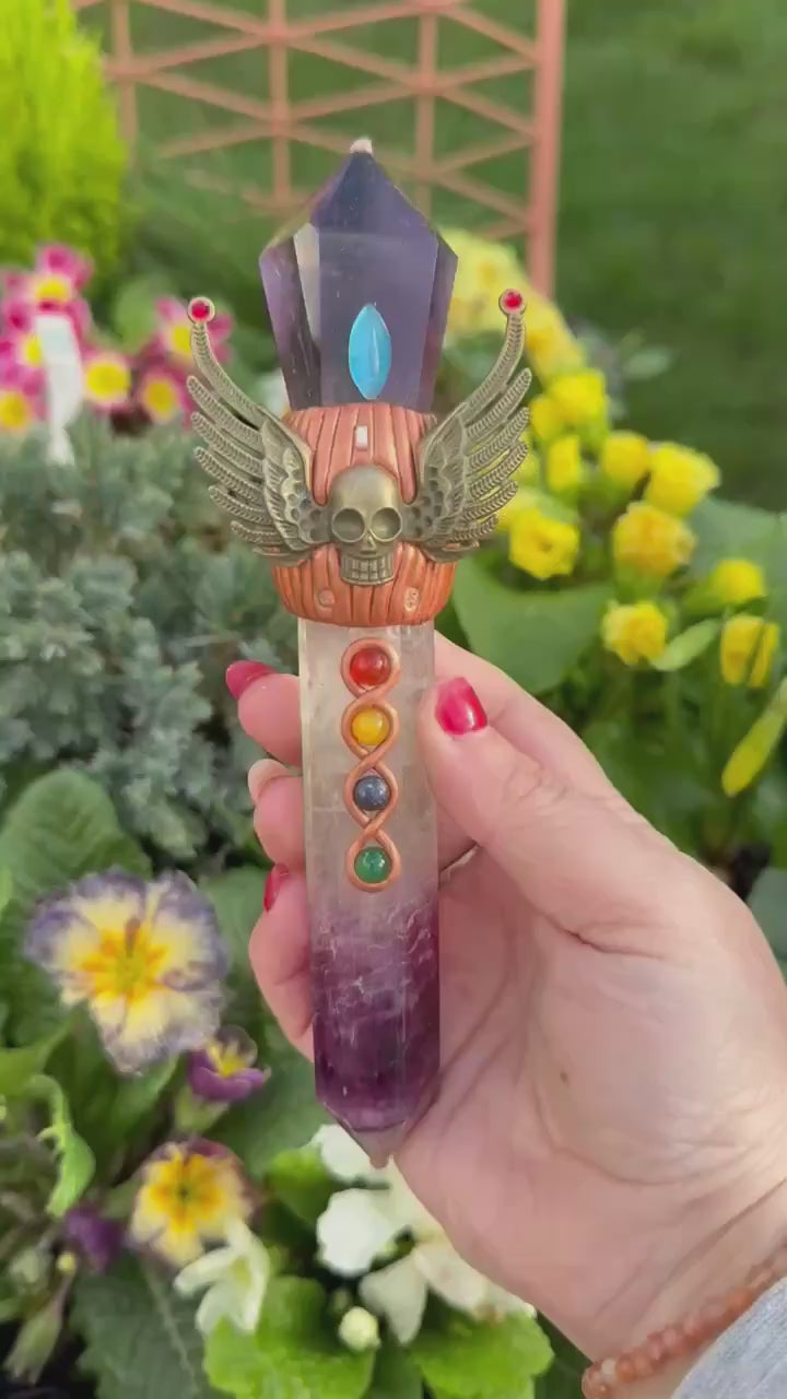Amethyst, Fluorite and Chakra Gemstones set in clay Manifestation Wand