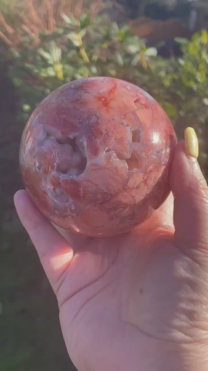 Large Pink Agate and Chalcedony Sphere with Druzy
