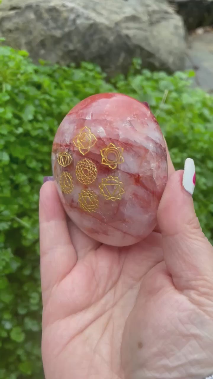 Hematoid Quartz Crystal Palmstone with Chakra symbols