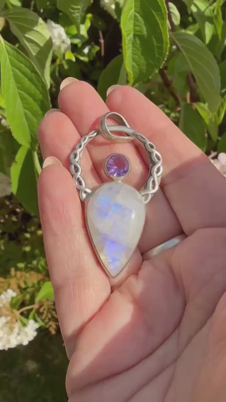 Blue Flash Moonstone and Amethyst Sterling Silver Celtic Goddess Pendant