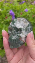 Load and play video in Gallery viewer, Moss Agate with Druzy Skull Carving
