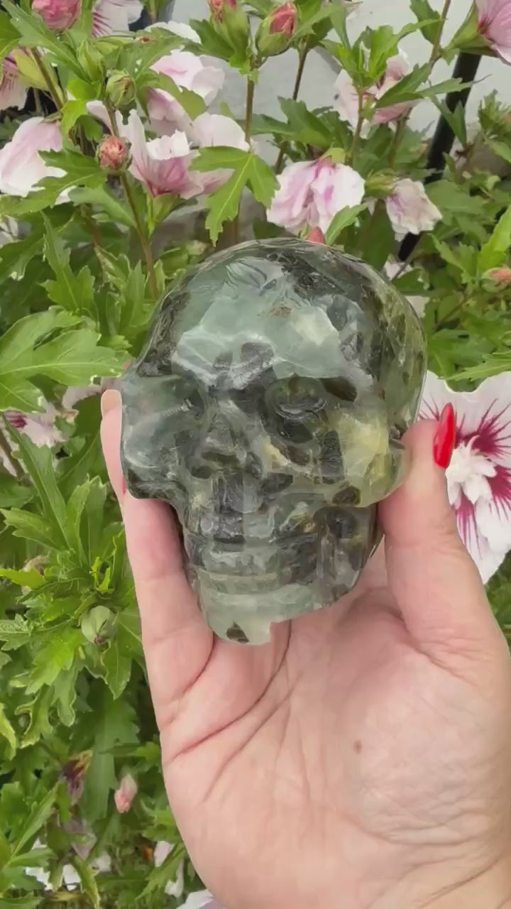 Prehnite and Epidote Skull Carving