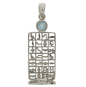 925 Sterling Silver Egyptian Hieroglyphs with Blue Topaz Pendant