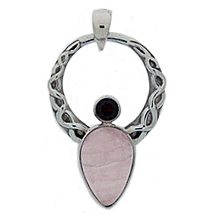 925 Sterling Silver Rose Quartz &amp; Garnet Celtic Angel Pendant