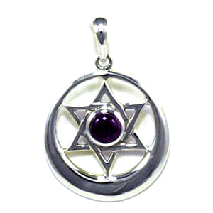 925 Sterling Silver 6 Point Star Moon Crescent Pendant with Amethyst